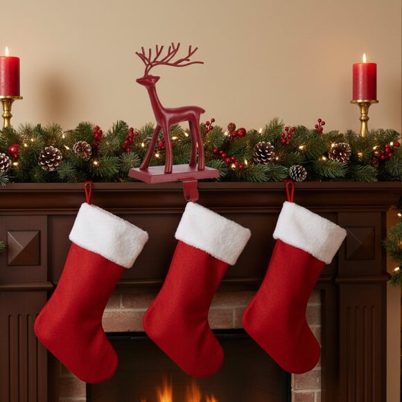 Red Metal Reindeer Stocking Holder Christmas Mantel...